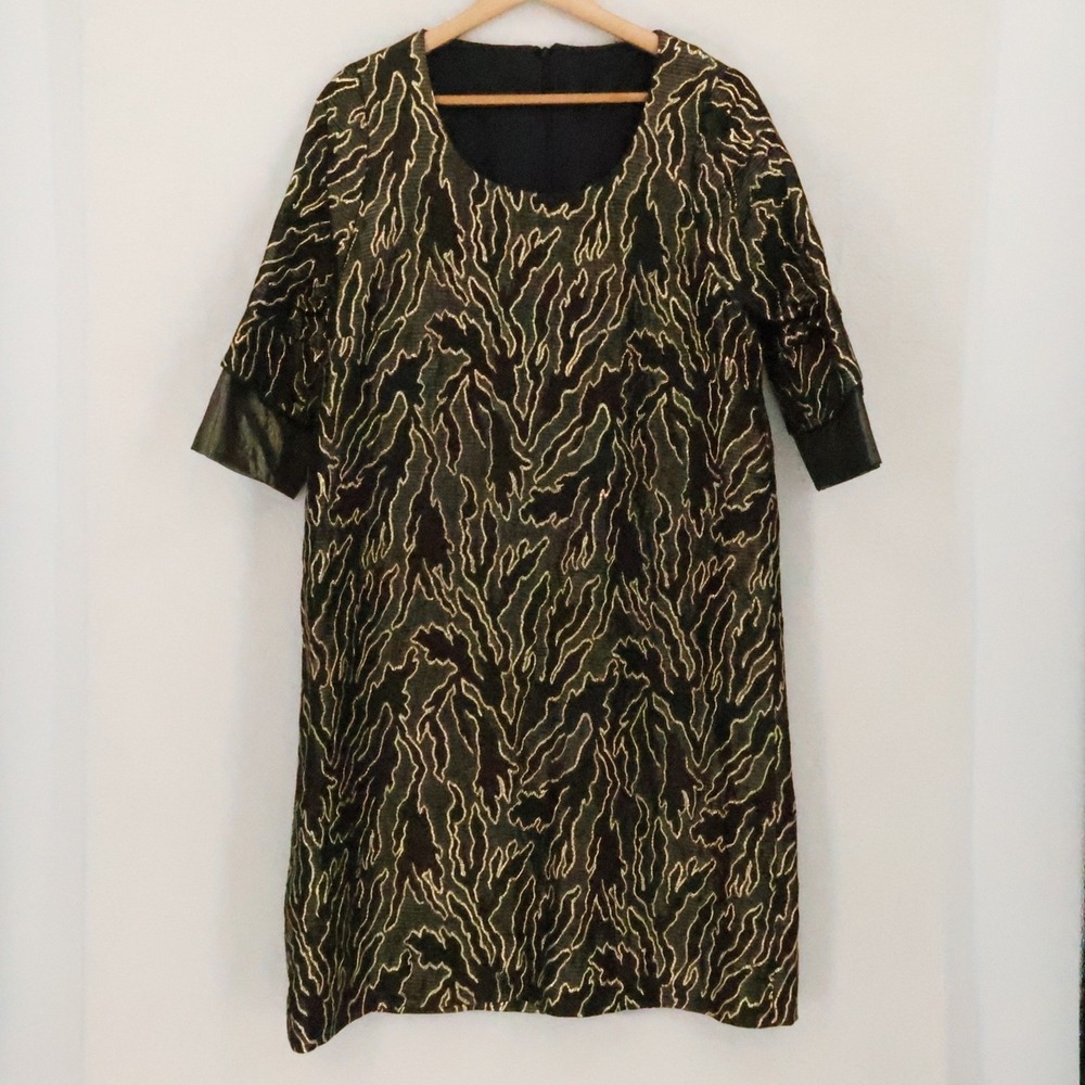 Vintage 90s Metallic Gold Jacquard Shift Dress Womens Size S Black Gold Evening